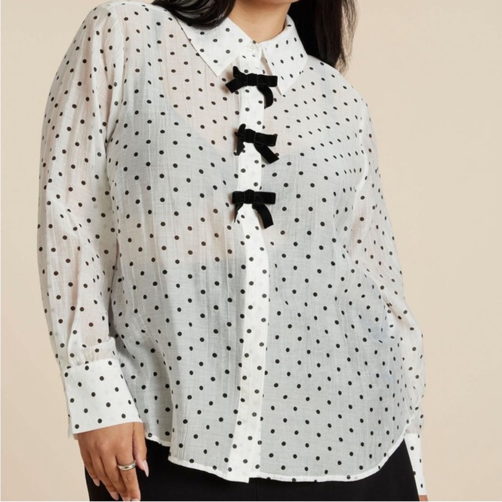Eloquii Polka Dot Bow Blouse - White and Black